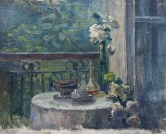 Französische impressionistische Ölrosen in Fensterterrace-Interieur-Gartenszene, 1930er Jahre