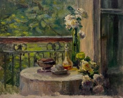 1930's French Impressionist Oil Roses in Window Terrace Interior Garden Scene