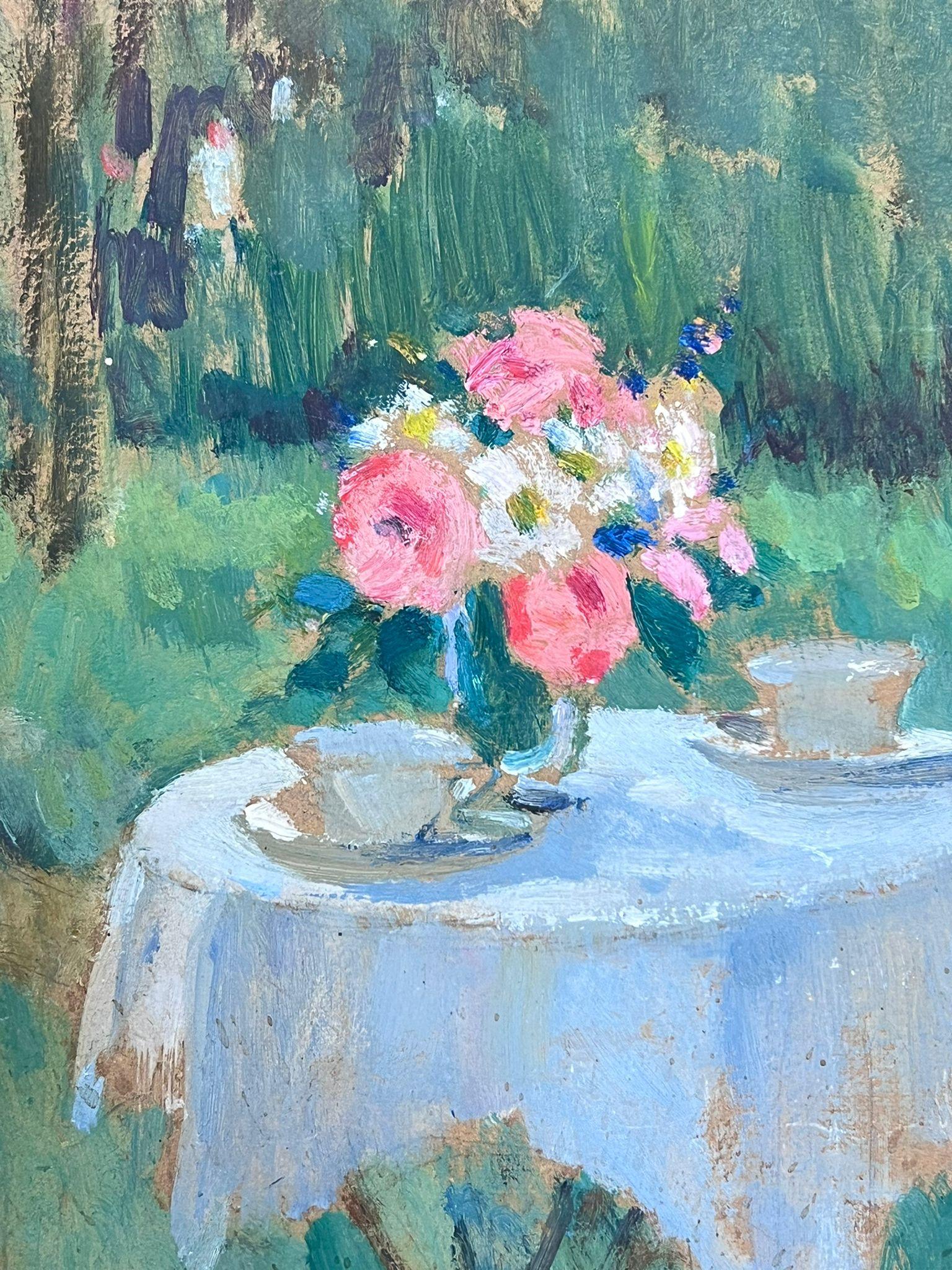 1930's French Impressionist Oil Roses on Table with Cup Double Sided Sketch  - Painting by Louise Alix
