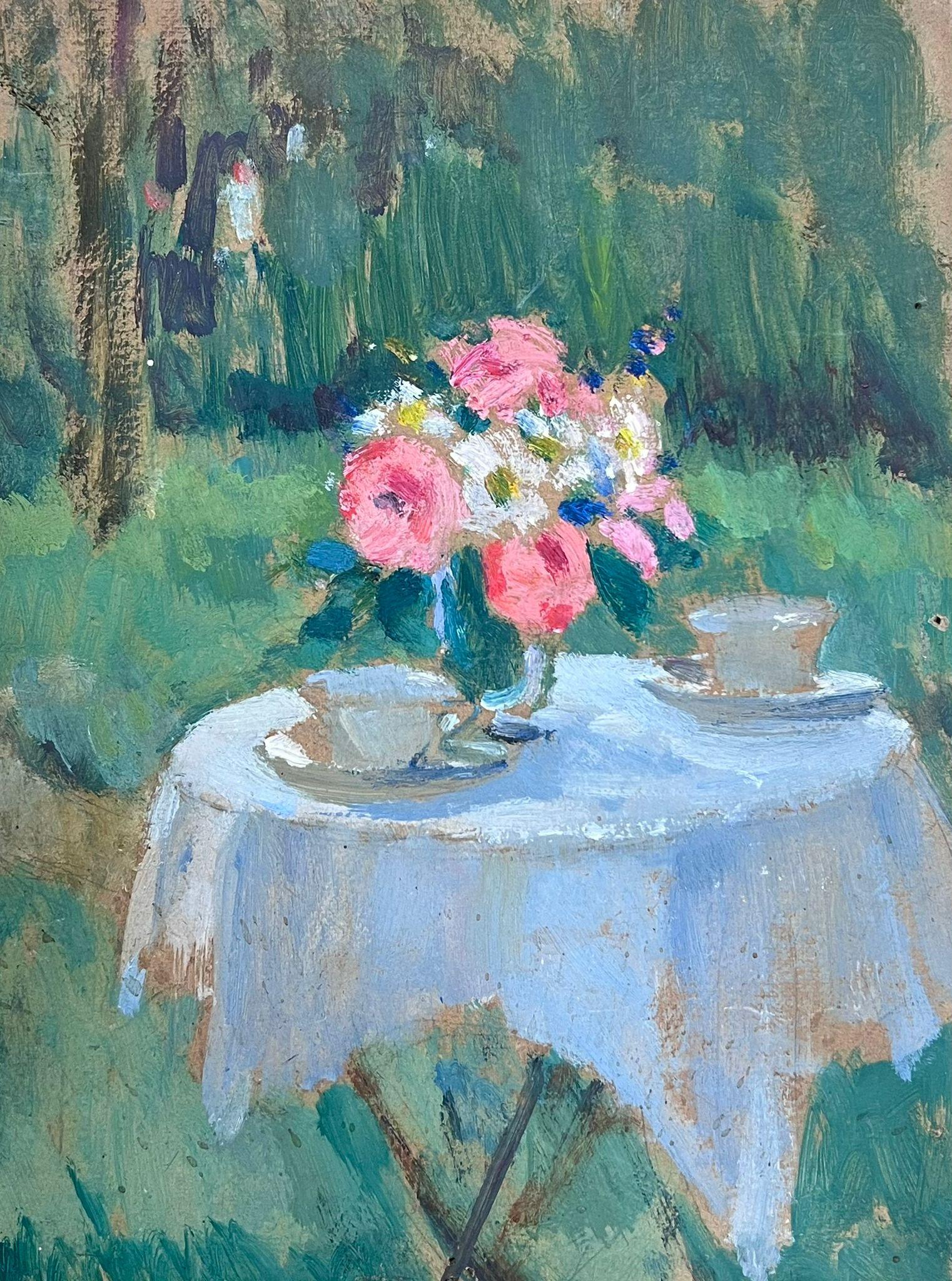 Louise Alix Interior Painting - 1930's French Impressionist Oil Roses on Table with Cup Double Sided Sketch 