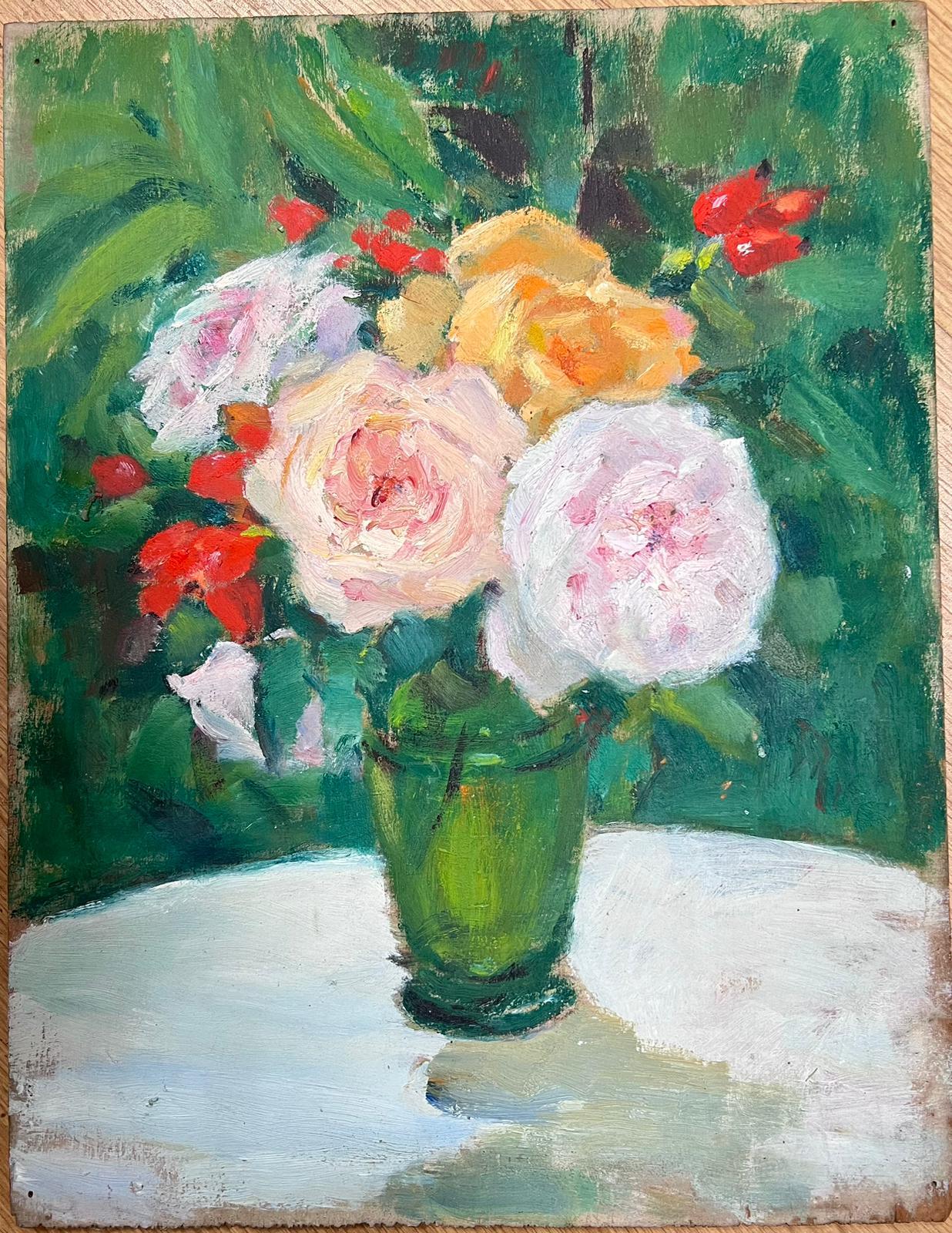 1930s French Impressionist Oil Roses Still Life in Green Glass Vase Garden Table - Painting by Louise Alix