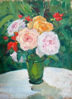 1930s French Impressionist Oil Roses Still Life in Green Glass Vase Garden Table