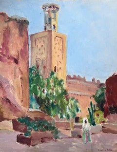 1930's French Impressionist Oil Signed Bell Tower and Figure Town