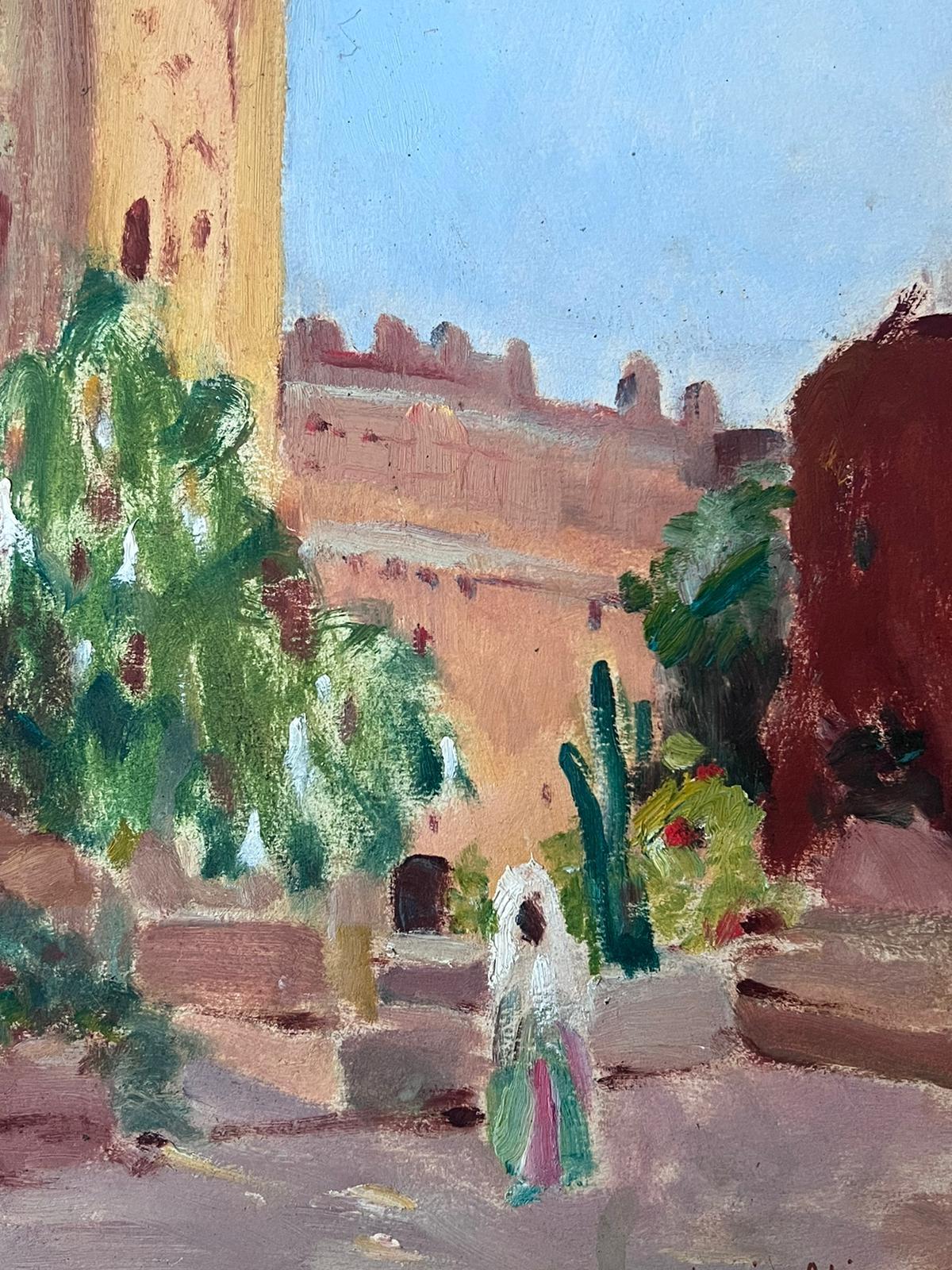 1930's French Impressionist Oil Signed Bell Tower and Figure Town For Sale 2