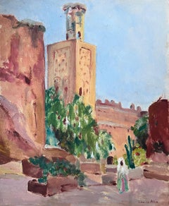 Huile impressionniste française des années 1930 signée Bell Tower and Figure Town