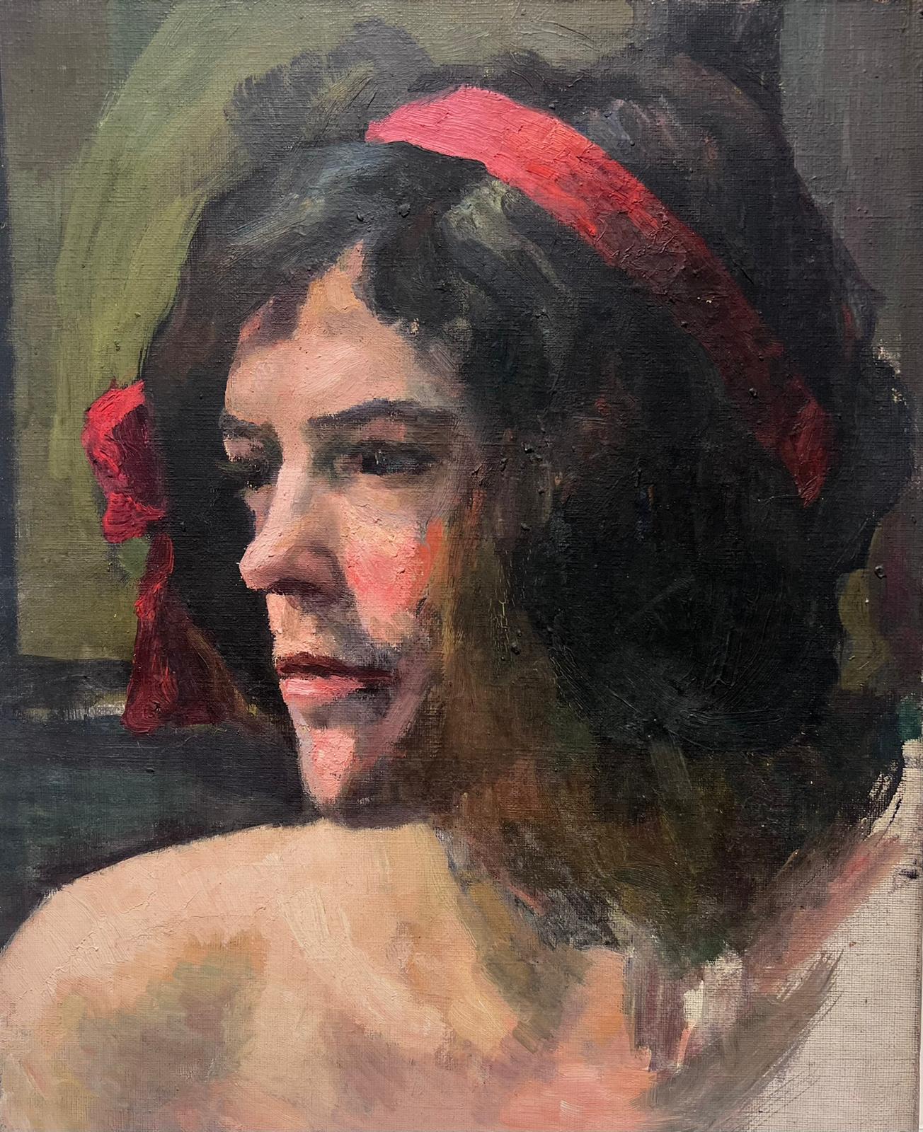 Portrait Painting di Louise Alix - Schizzo ad olio impressionista francese del 1930 Ritratto di figura seminuda