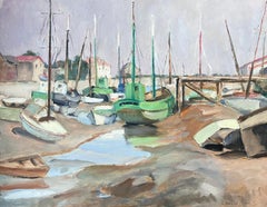 1930
s French Impressionist Oil Still Boats Resting At The Dry Harbour