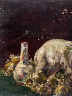1930's French Impressionist Oil Still Life Interior China Ornaments Elephant