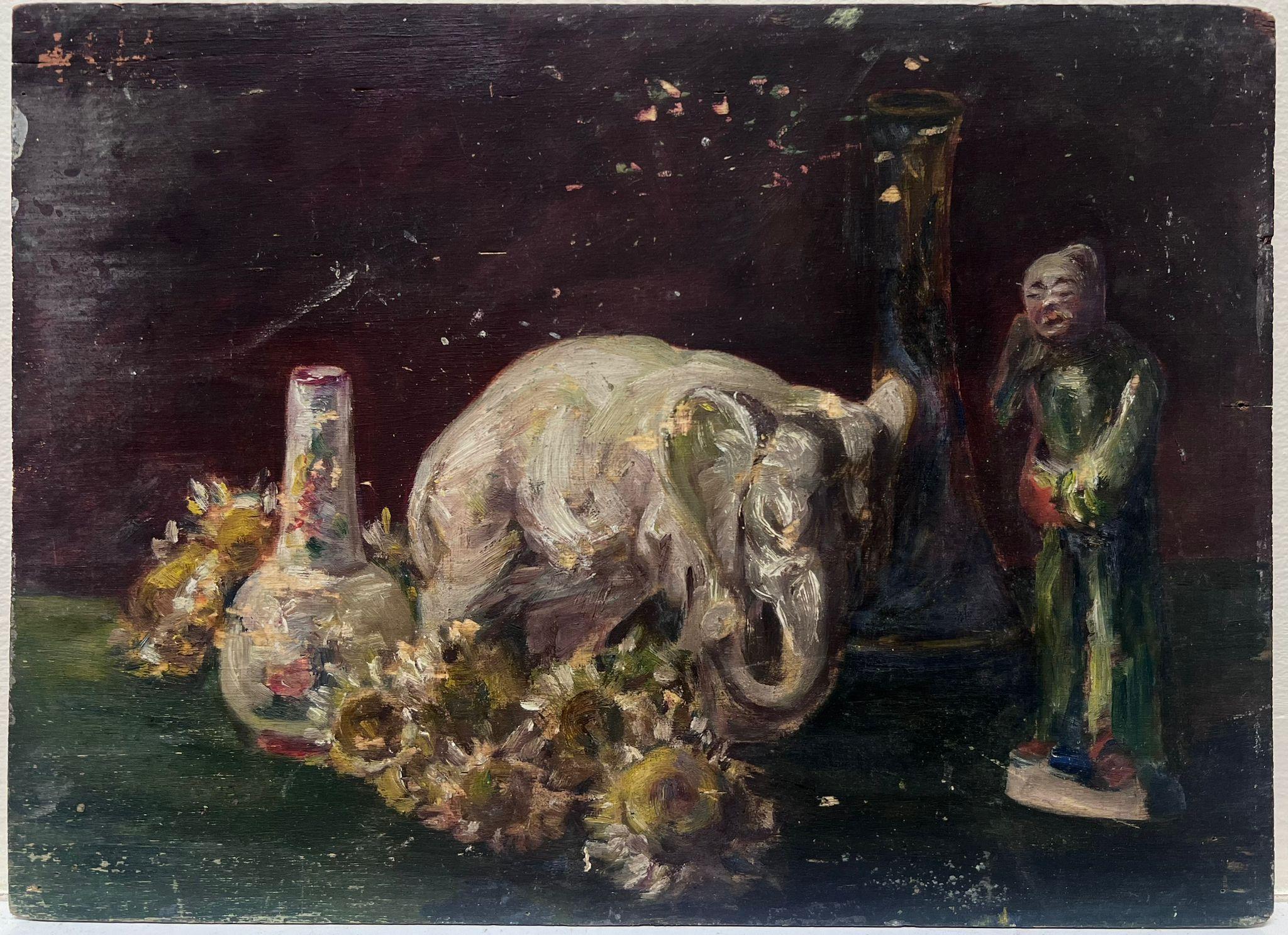 1930's French Impressionist Oil Still Life Interior China Ornaments Elephant For Sale 1