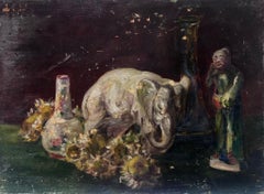 1930's French Impressionist Oil Still Life Interior China Ornaments Elephant