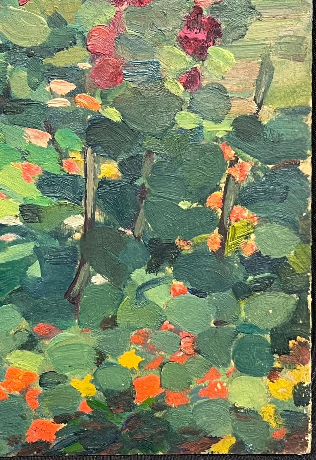 Olio impressionista francese del 1930 Giardino fiorito estivo pieno di colori - Painting di Louise Alix