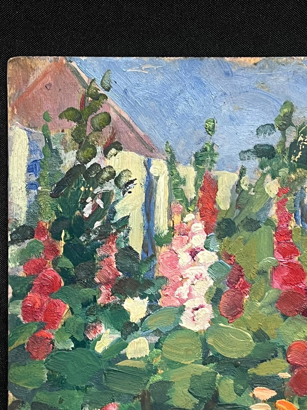 Olio impressionista francese del 1930 Giardino fiorito estivo pieno di colori - Painting Impressionismo di Louise Alix