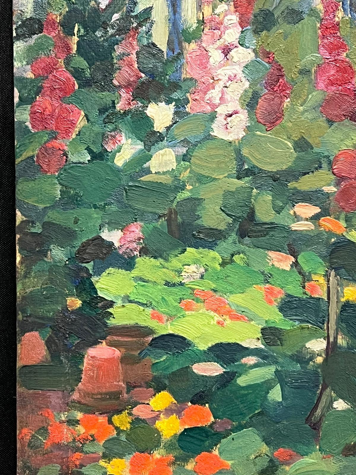 Olio impressionista francese del 1930 Giardino fiorito estivo pieno di colori - Interior Painting Grigio di Louise Alix