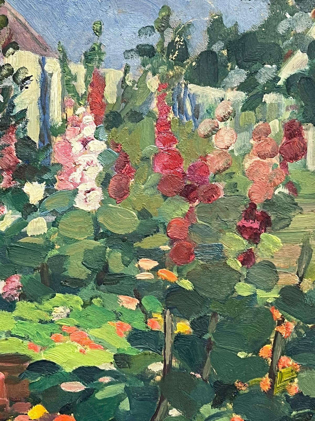 La Jardin
di Louise Alix (francese, 1888-1980) *vedi note sotto
timbro di provenienza sul retro 
dipinto a olio su tavola, senza cornice
misure: 13 pollici di altezza per 9,5 pollici di larghezza
condizioni: nel complesso molto buone e solide,