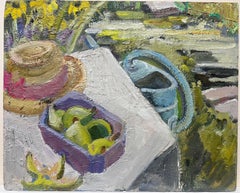 1930's French Impressionist Oil Summer Garden Table Pears and Straw Sun Hat