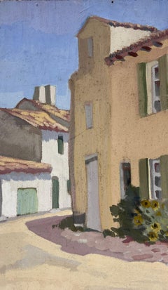 1930's French Impressionist Oil Village Tall Street Building