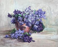 1930's French Impressionist Painting Purple Sweat Peas In Rustic Brown Pot