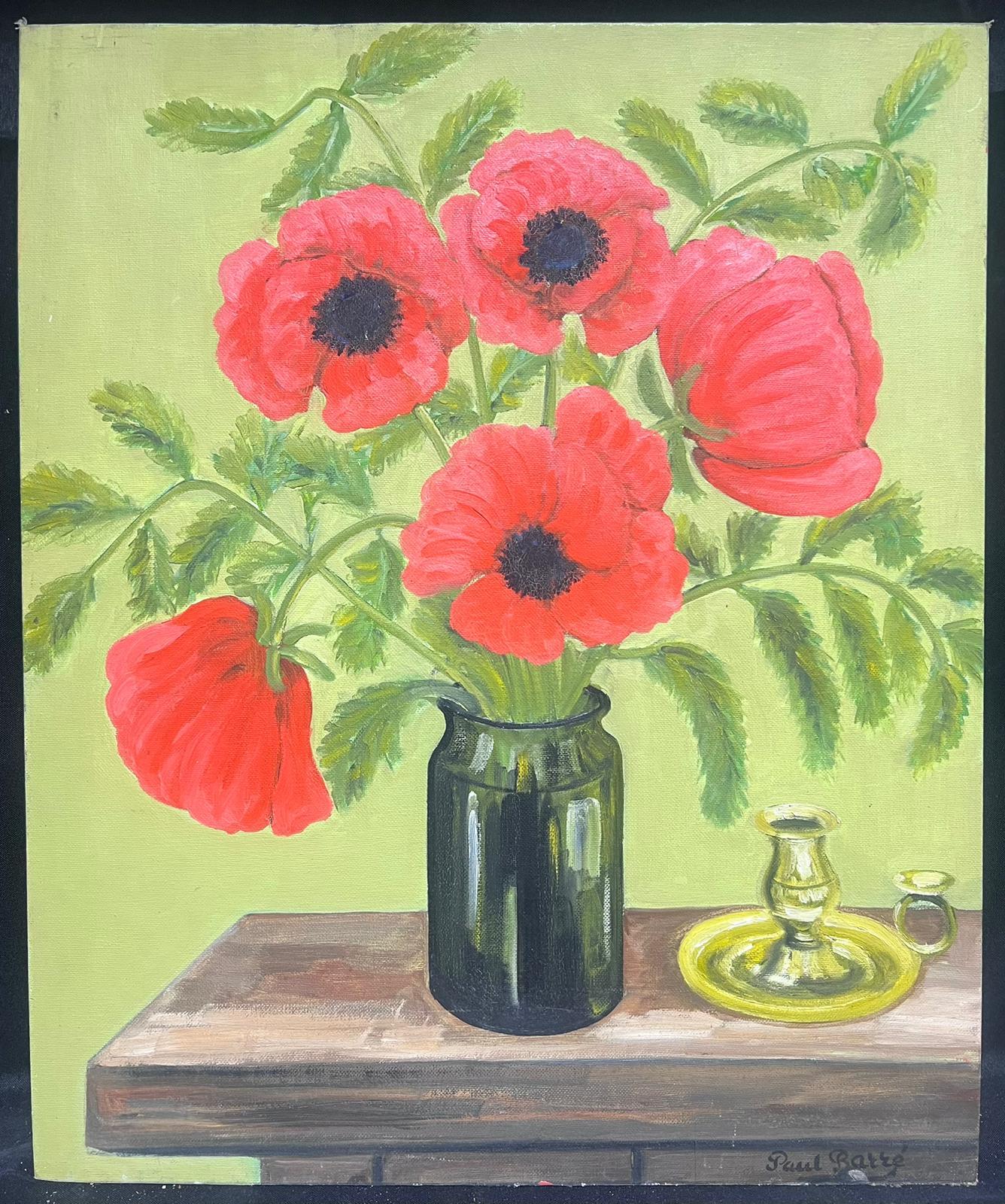 1930's French Impressionist Painting Red Peonies In Glass Vase Green Interior - Beige Still-Life Painting by Louise Alix