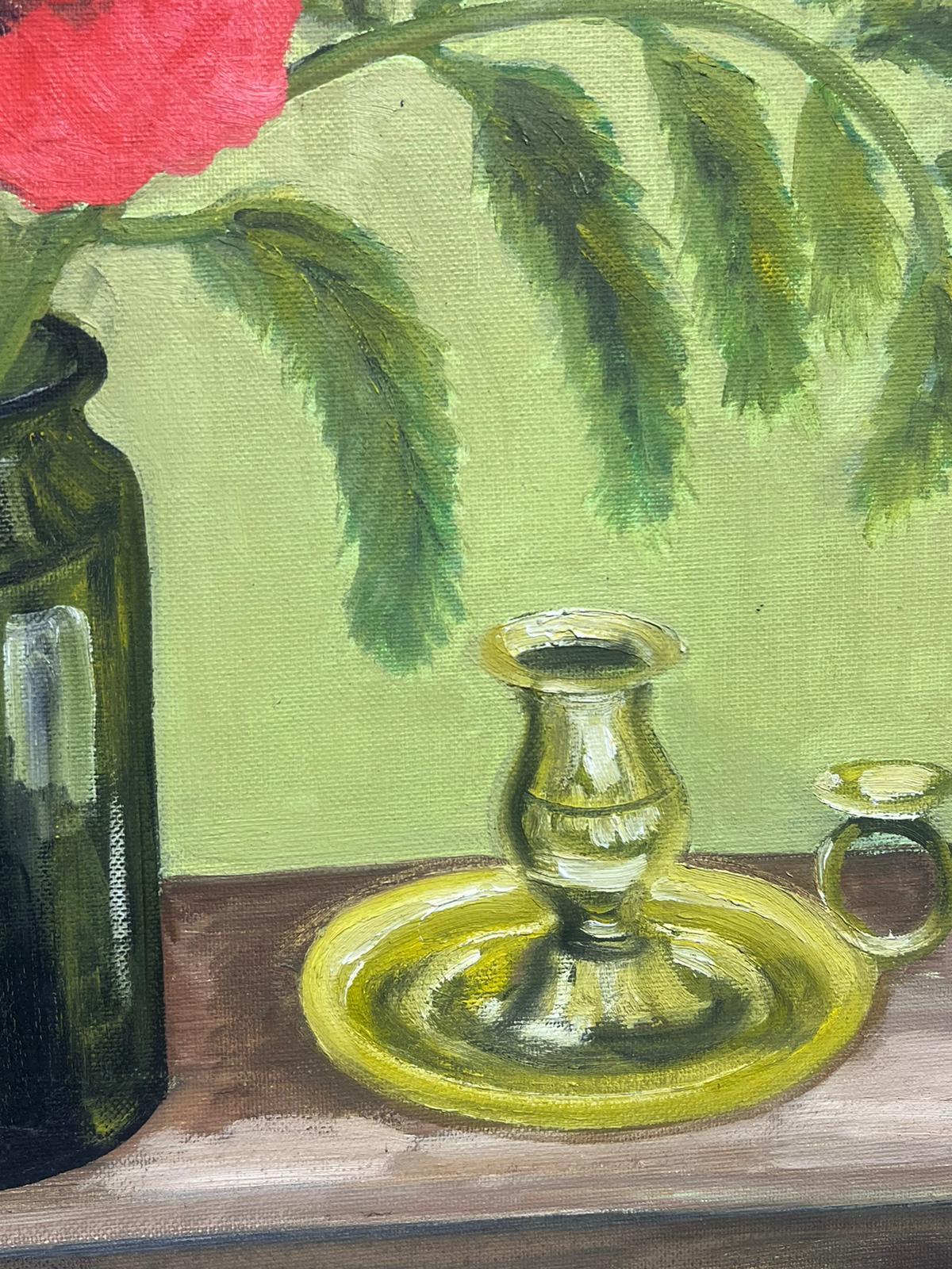 Peinture impressionniste française des années 1930 Pivoines rouges dans un vase en verre Intérieur vert en vente 1
