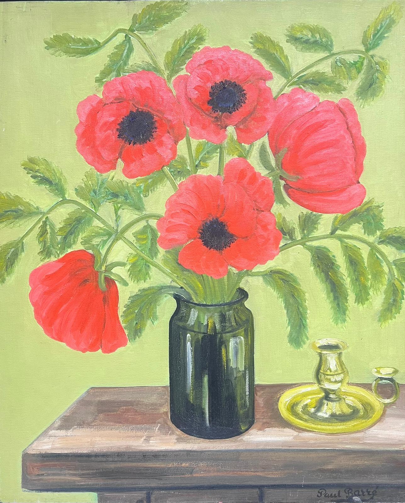 Peinture impressionniste française des années 1930 Pivoines rouges dans un vase en verre Intérieur vert