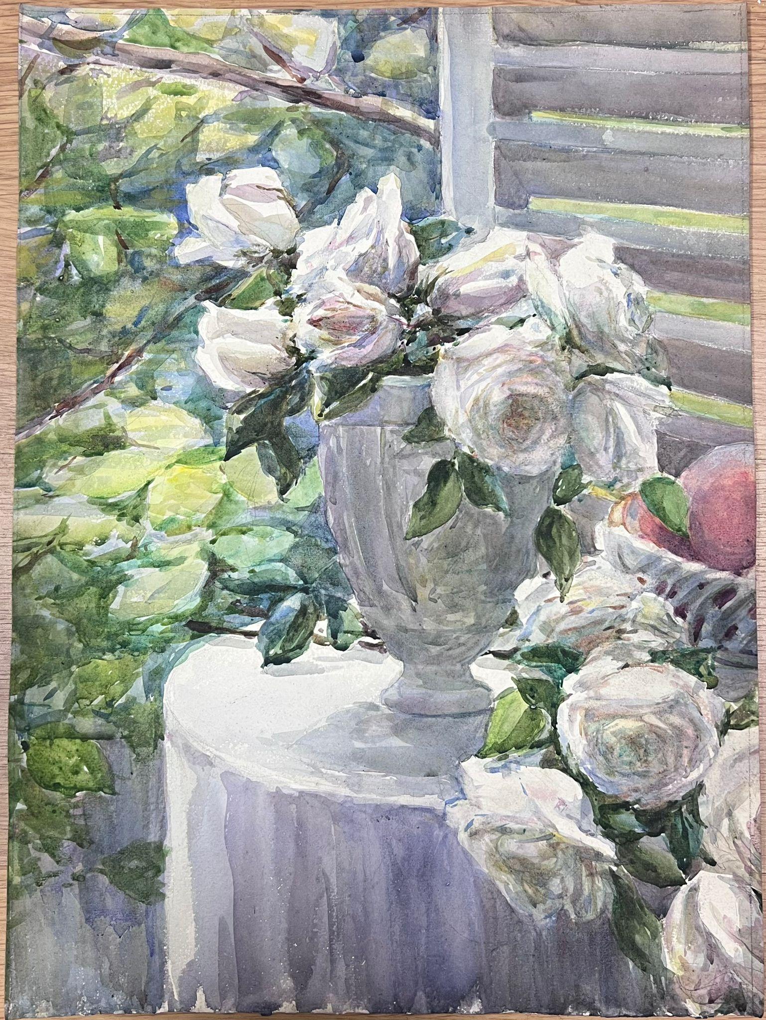 Garden Roses
signed by Louise Alix (French, 1888-1980) *see notes below
provenance stamp to the back 
watercolour painting on artist paper, unframed
measures: 18.5 high by 14.5 inches wide
condition: overall very good and sound, a few scuffs and