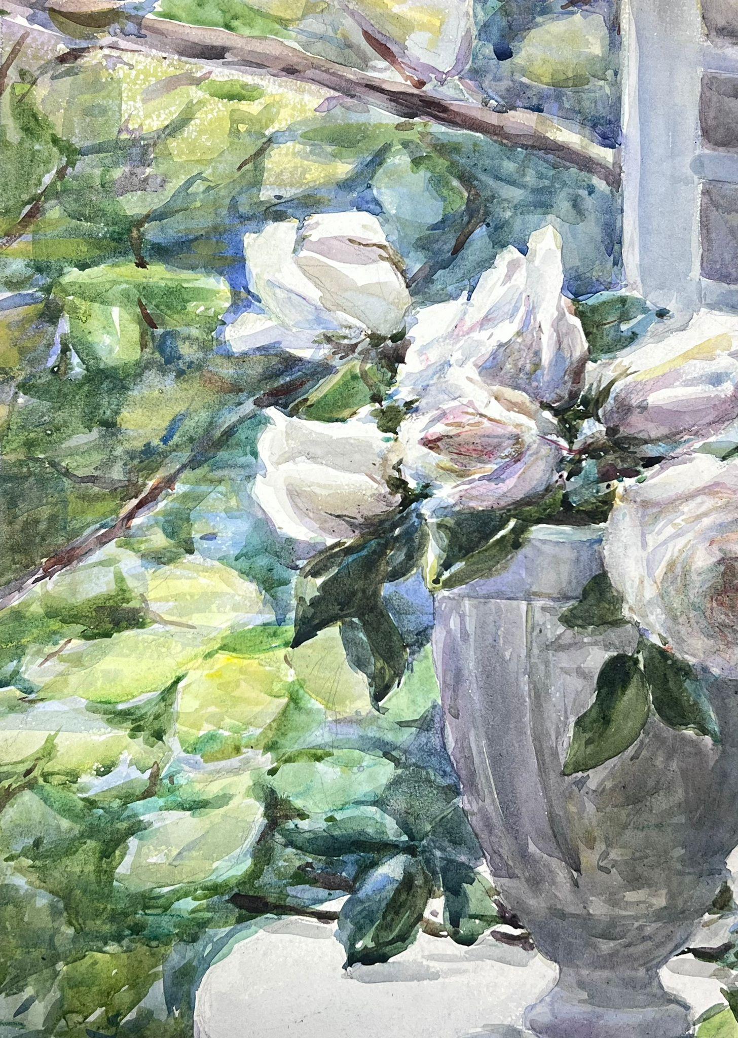 1930's French Impressionist Painting Roses in Garden Vase Original watercolour For Sale 1
