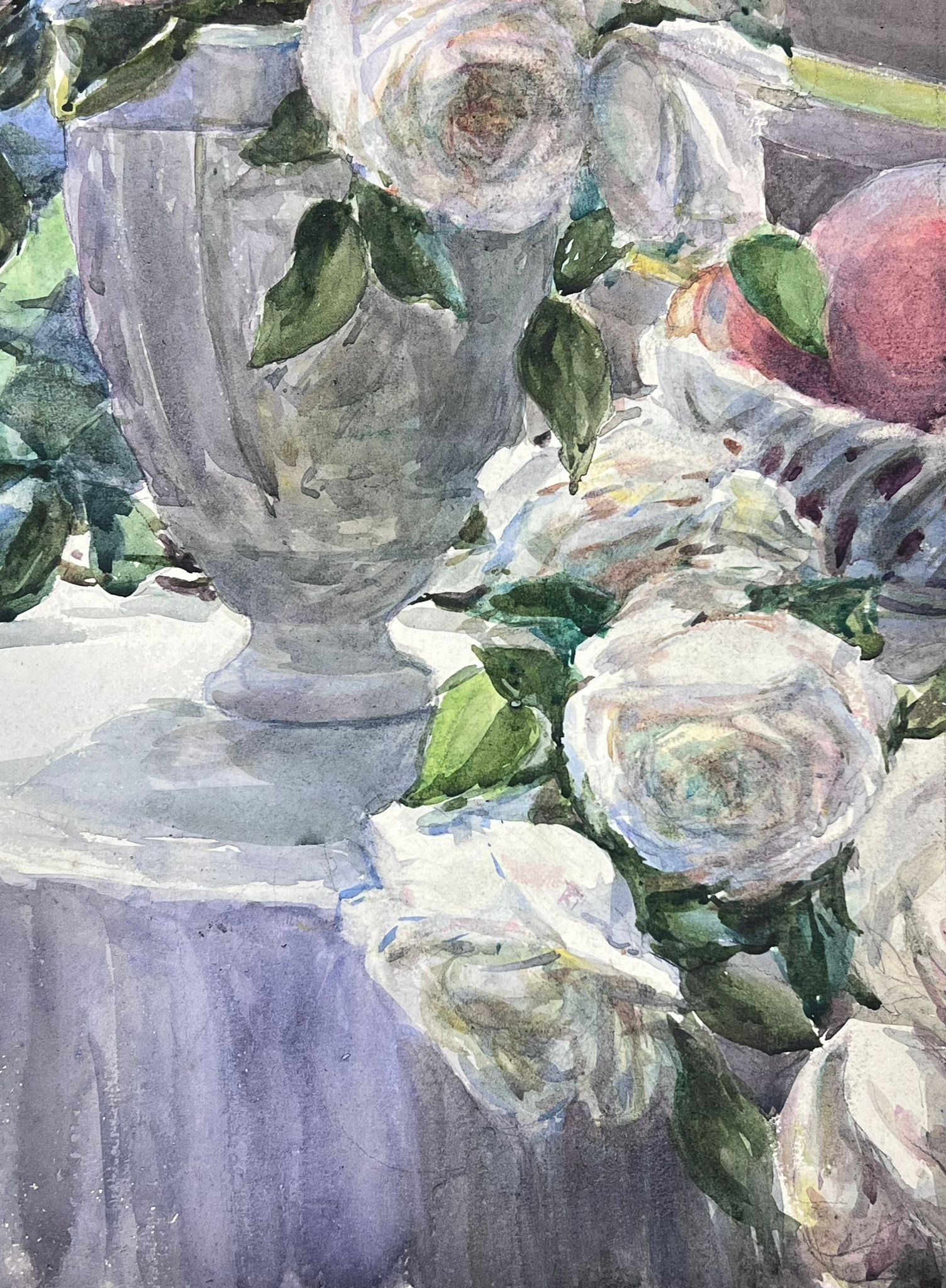 1930's French Impressionist Painting Roses in Garden Vase Original watercolour For Sale 2