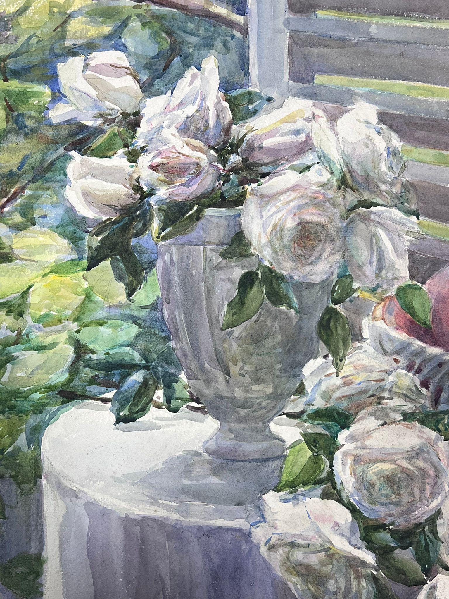 1930's French Impressionist Painting Roses in Garden Vase Original watercolour For Sale 3