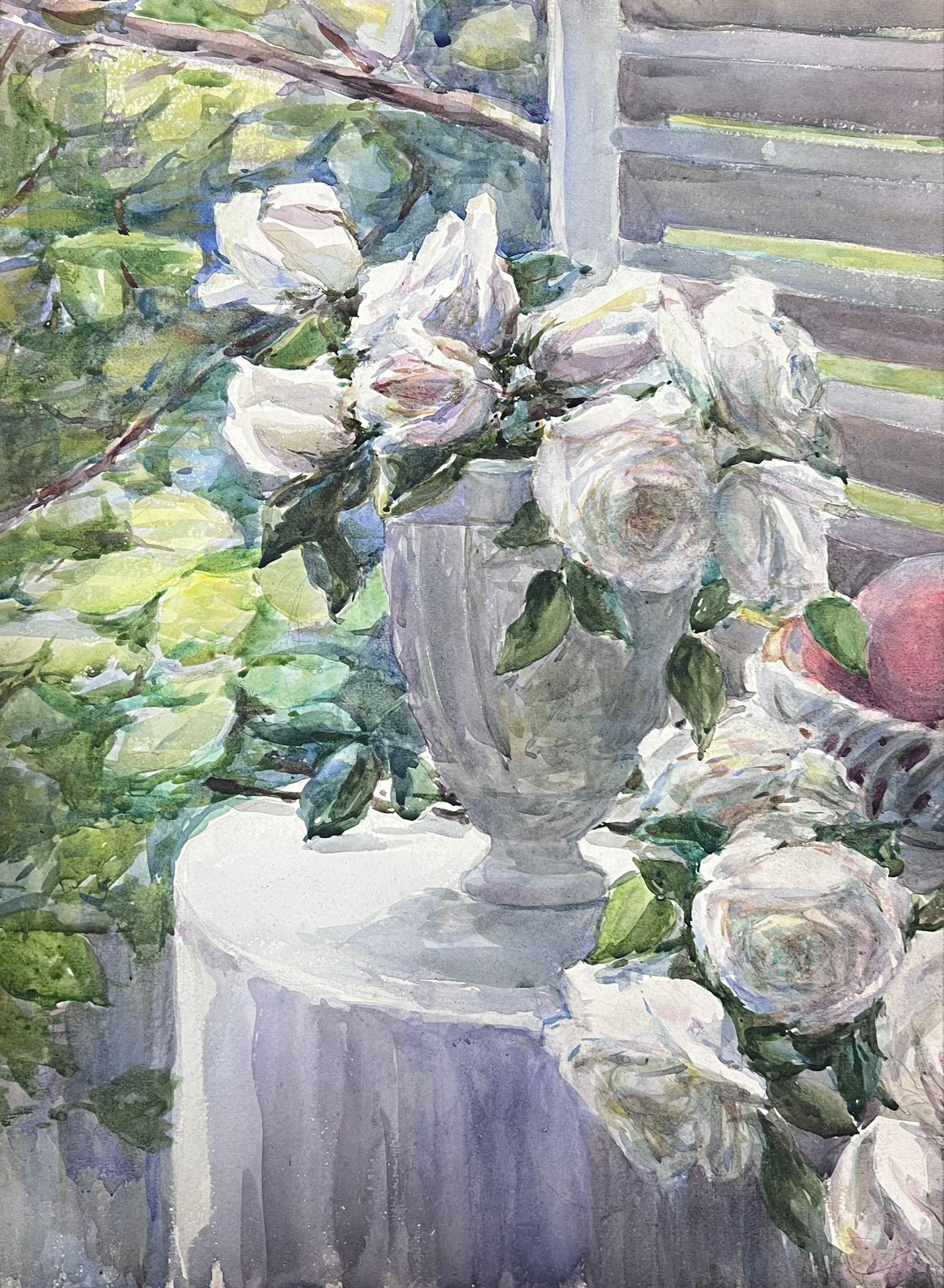 Peinture impressionniste française des années 1930 Roses dans un vase de jardin Aquarelle originale