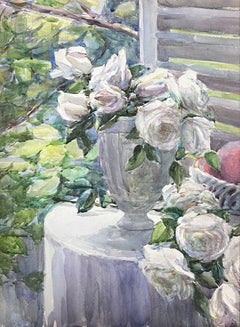 1930's French Impressionist Painting Roses in Garden Vase Original watercolour