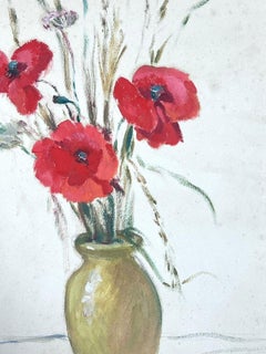 Peinture impressionniste française des années 1930 Trois coquelicots rouges dans un vase