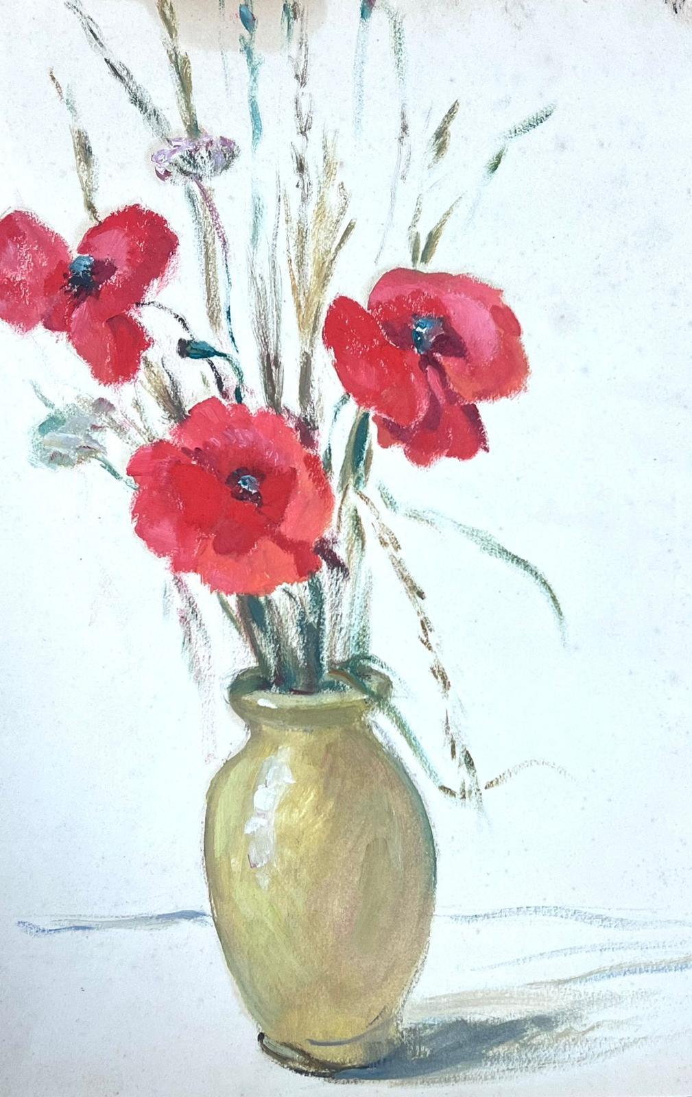 1930's French Impressionist Painting Three Red Poppies In Vase - Gray Interior Painting by Louise Alix