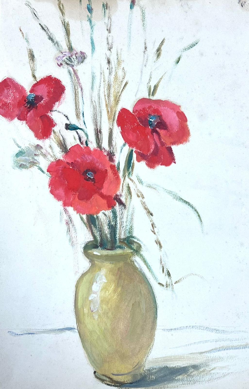 Louise Alix Interior Painting - 1930's French Impressionist Painting Three Red Poppies In Vase