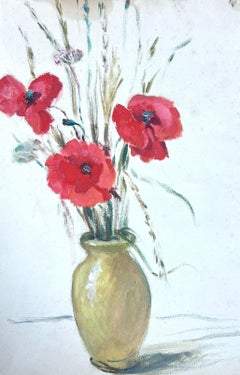 Vintage 1930's French Impressionist Painting Three Red Poppies In Vase