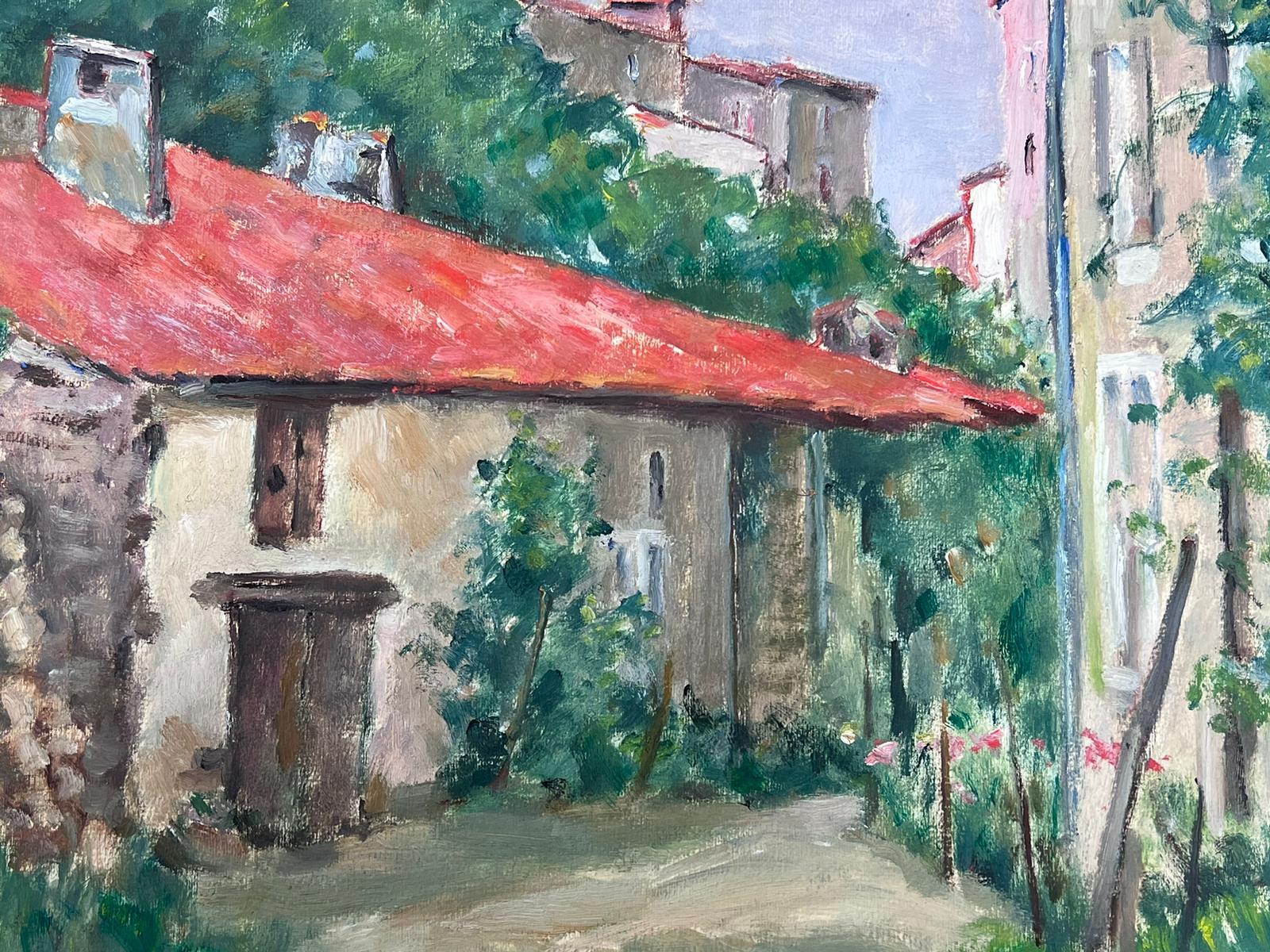 1930's French Impressionist Painting Village Cottages Courtyard - Gray Landscape Painting by Louise Alix