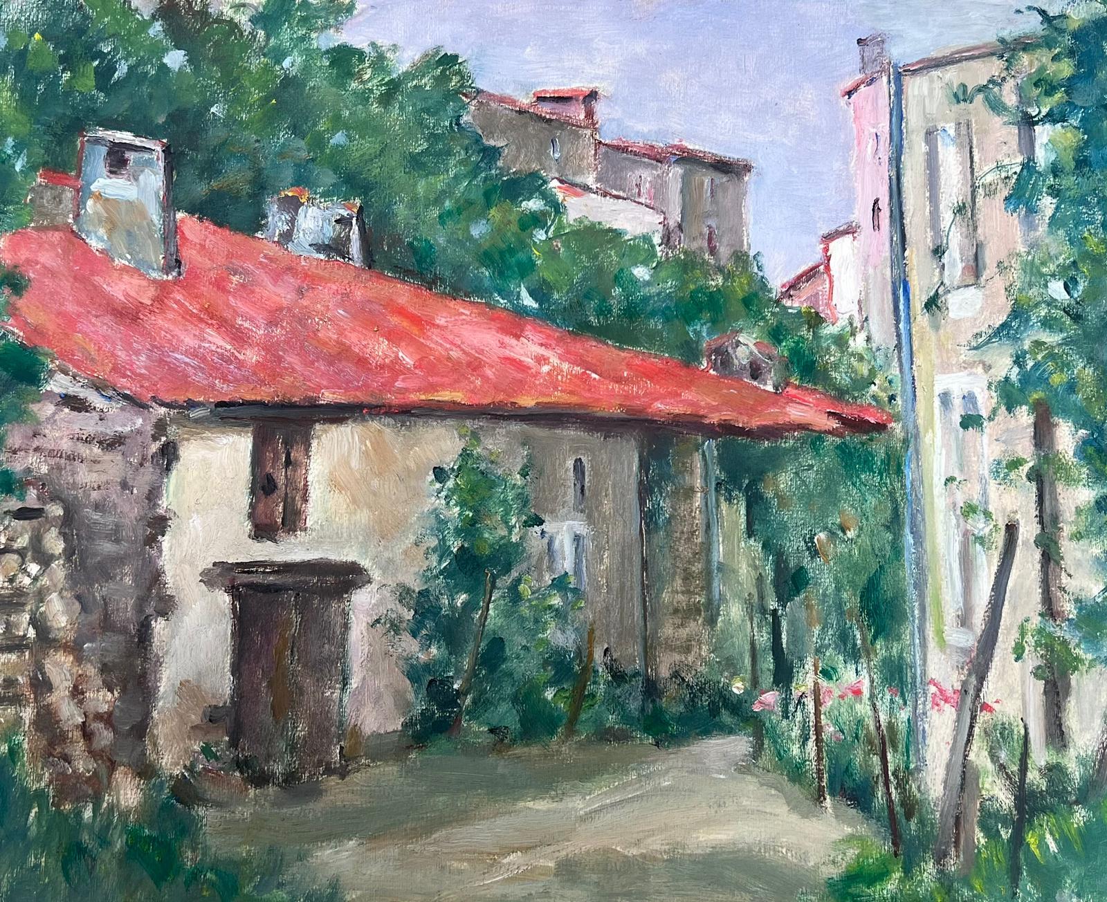 1930's French Impressionist Painting Village Cottages Courtyard For Sale 1