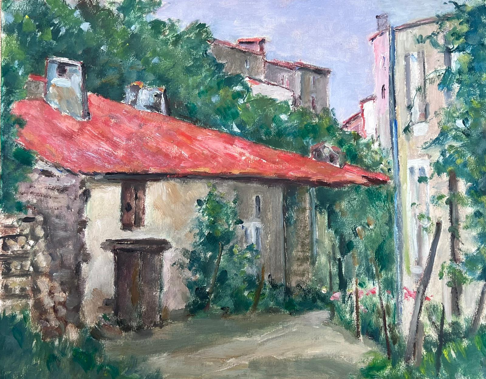 Louise Alix Landscape Painting - 1930's French Impressionist Painting Village Cottages Courtyard