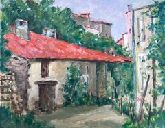 Vintage 1930's French Impressionist Painting Village Cottages Courtyard