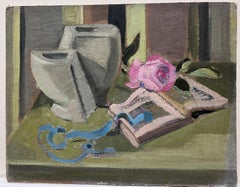 1930's French Impressionist Pink Rose On Book Interior Scene