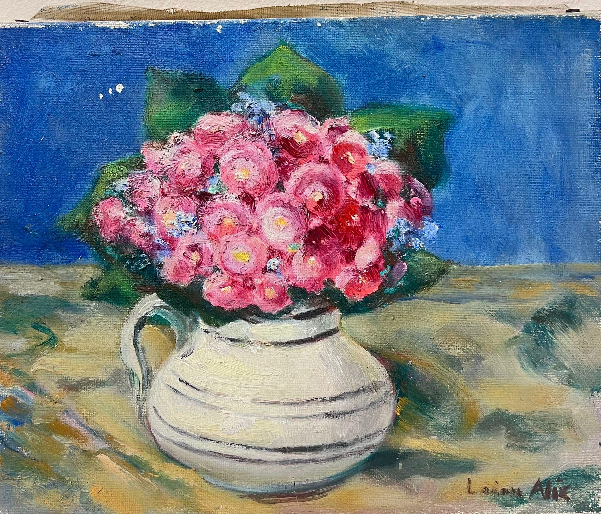 1930's French Impressionist Pink Zinnia Flower White Vase In Blue Interior  - Painting by Louise Alix