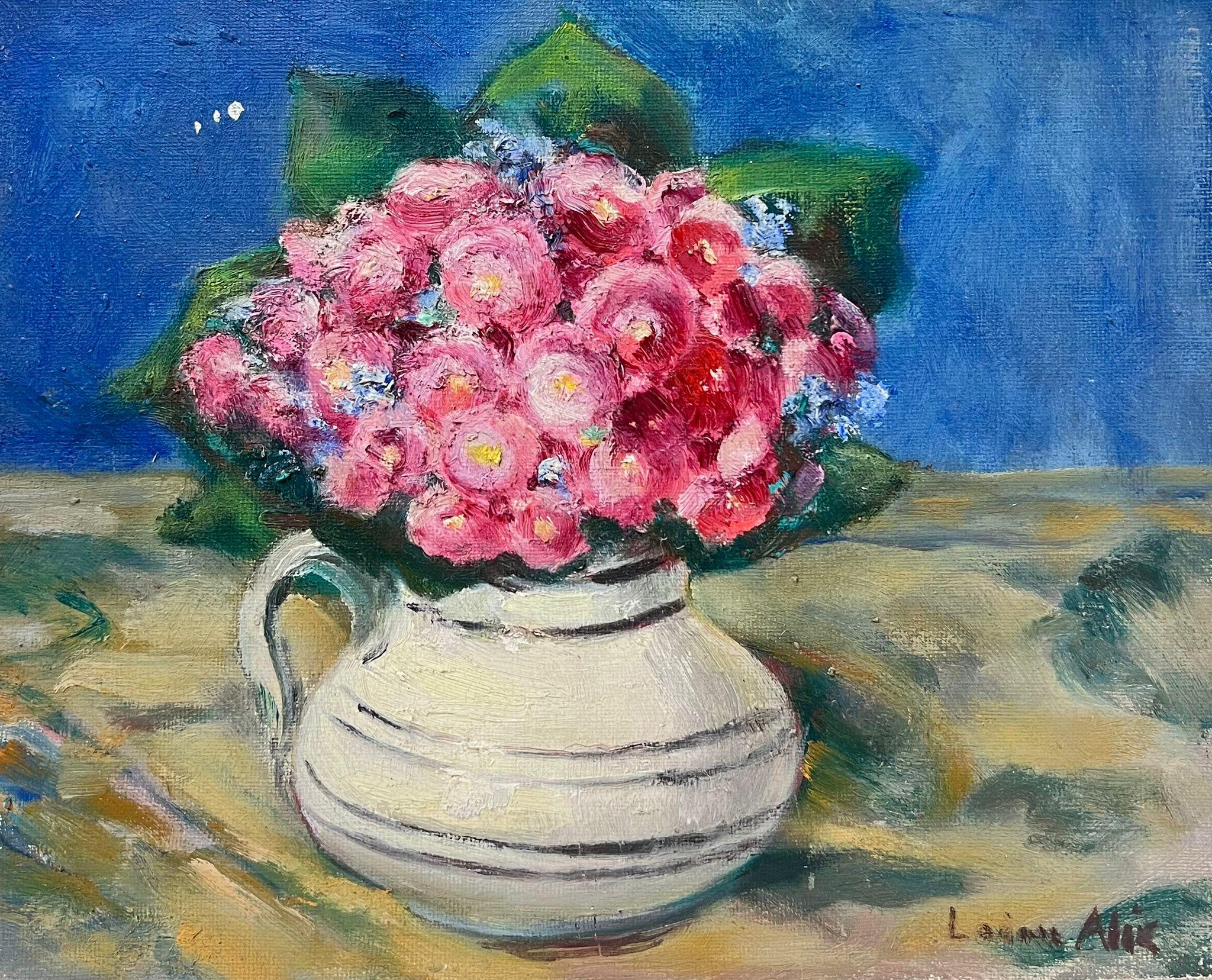 1930's Französisch Impressionist rosa Zinnia Blume weiße Vase in blauem Interieur 