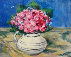 1930's French Impressionist Pink Zinnia Flower White Vase In Blue Interior 