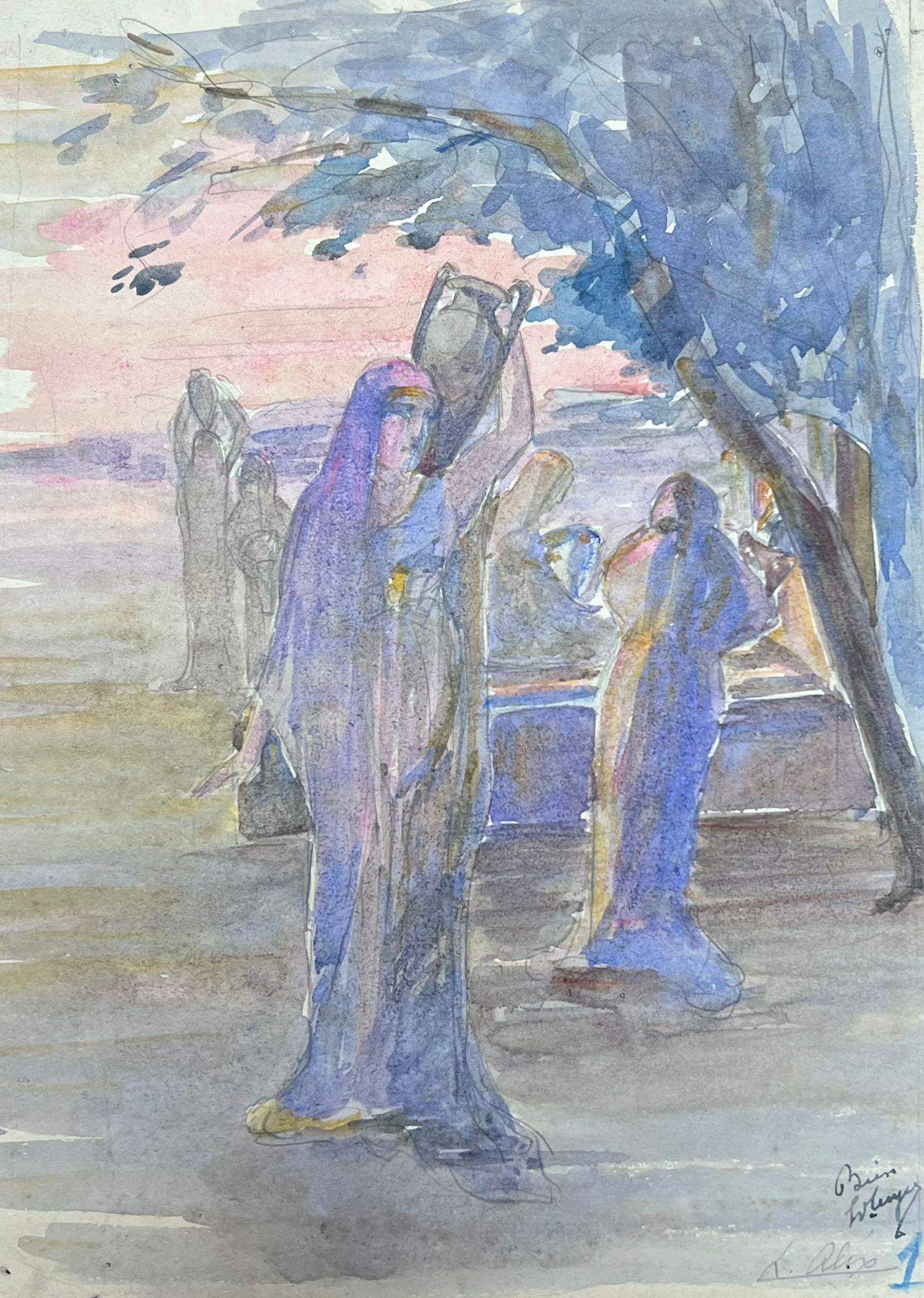 Figures At The Tomb
signed by Louise Alix (French, 1888-1980) *see notes below
provenance stamp to the back 
watercolour painting on artist paper, unframed
measures: 11 high by 8 inches wide
condition: overall very good and sound, a few scuffs and