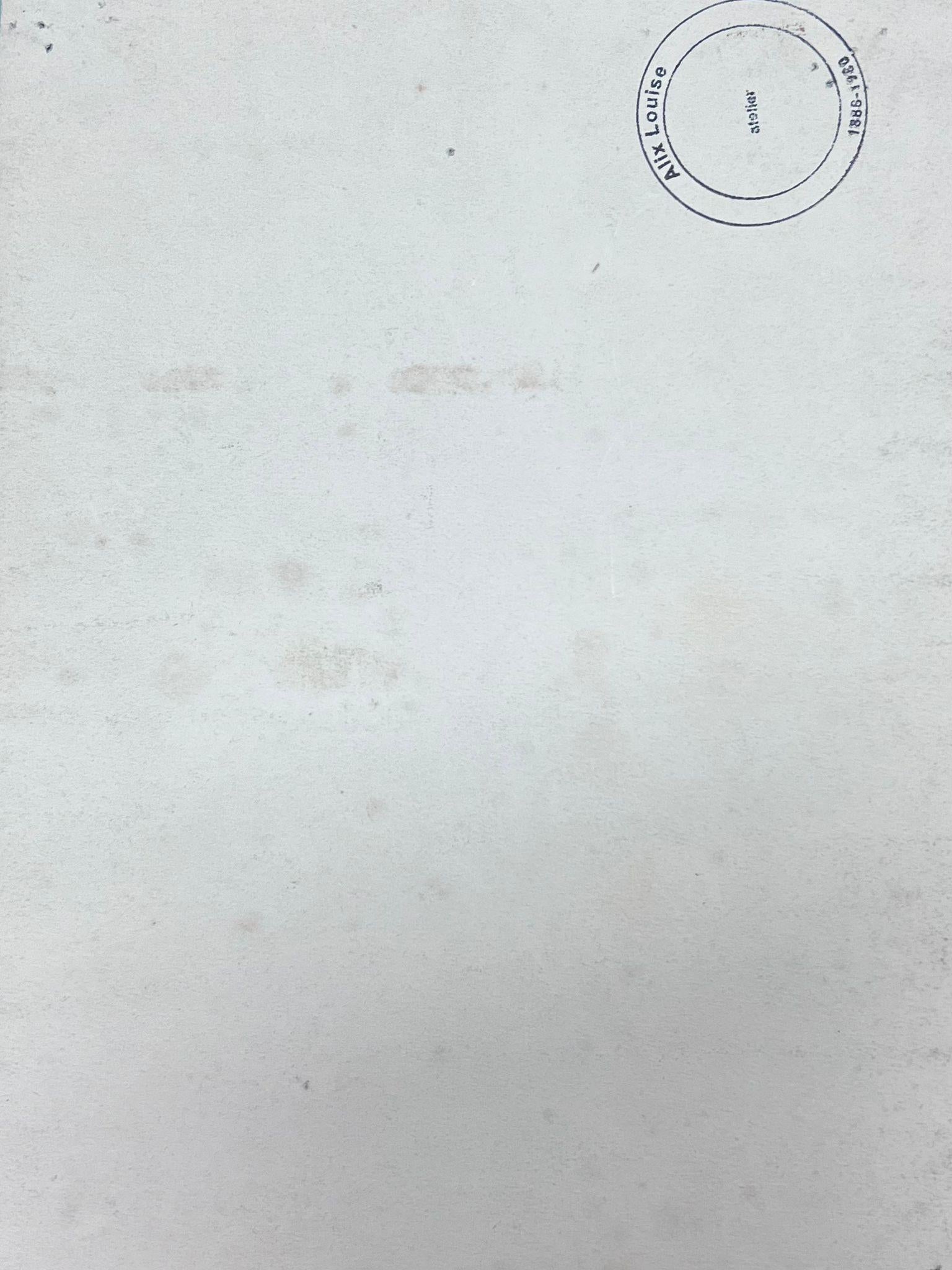 Figuren am Grabmal
signiert von Louise Alix (Französisch, 1888-1980) *siehe Anmerkungen unten
Provenienzstempel auf der Rückseite 
Aquarell auf Künstlerpapier, ungerahmt
Maße: 11 hoch x 8 Zoll breit
Zustand: insgesamt sehr gut und solide, ein paar