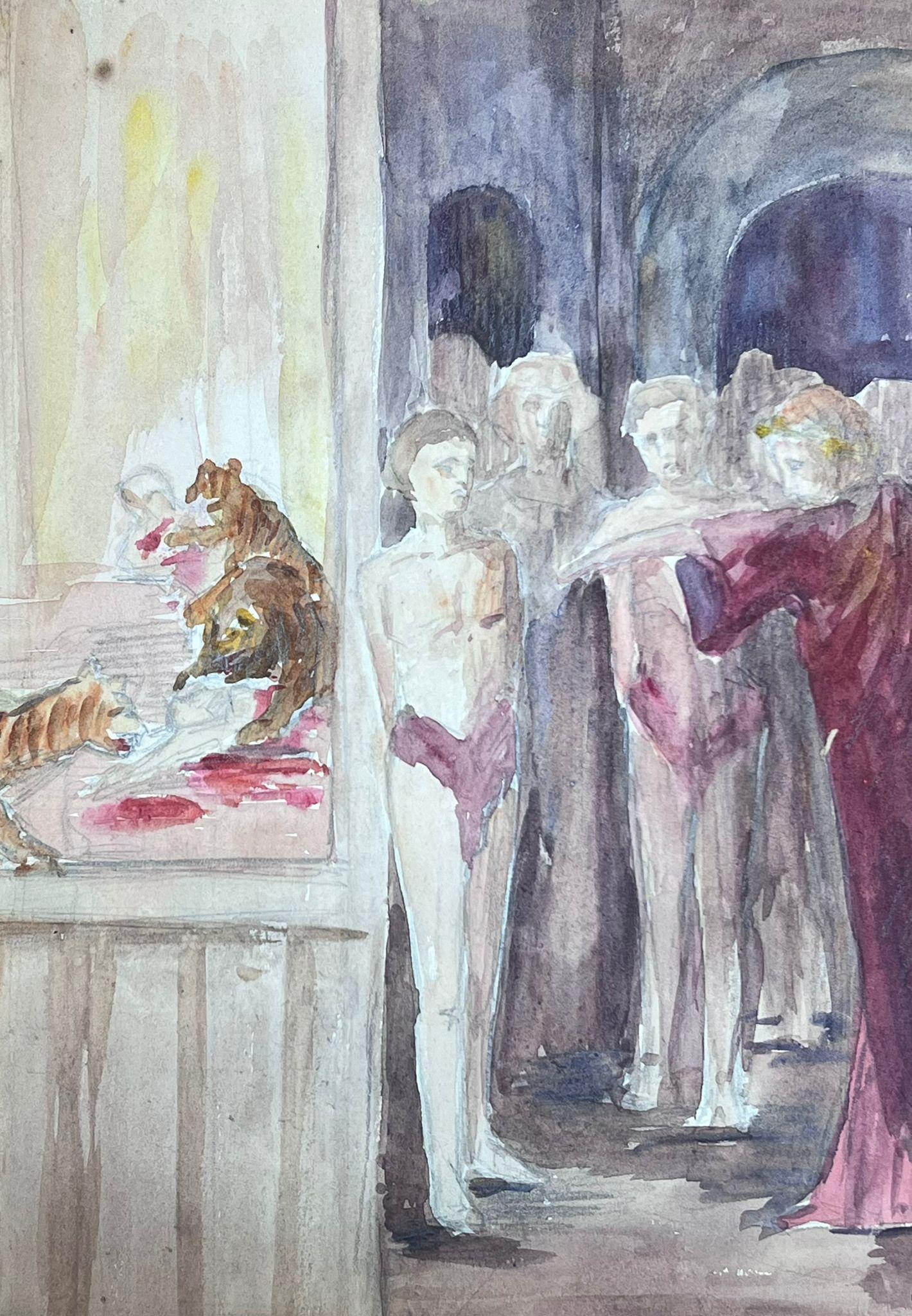 Französischer Impressionist der 1930er Jahre Bestrafte Figuren in der Schlange vor den Tigern (Impressionismus), Painting, von Louise Alix
