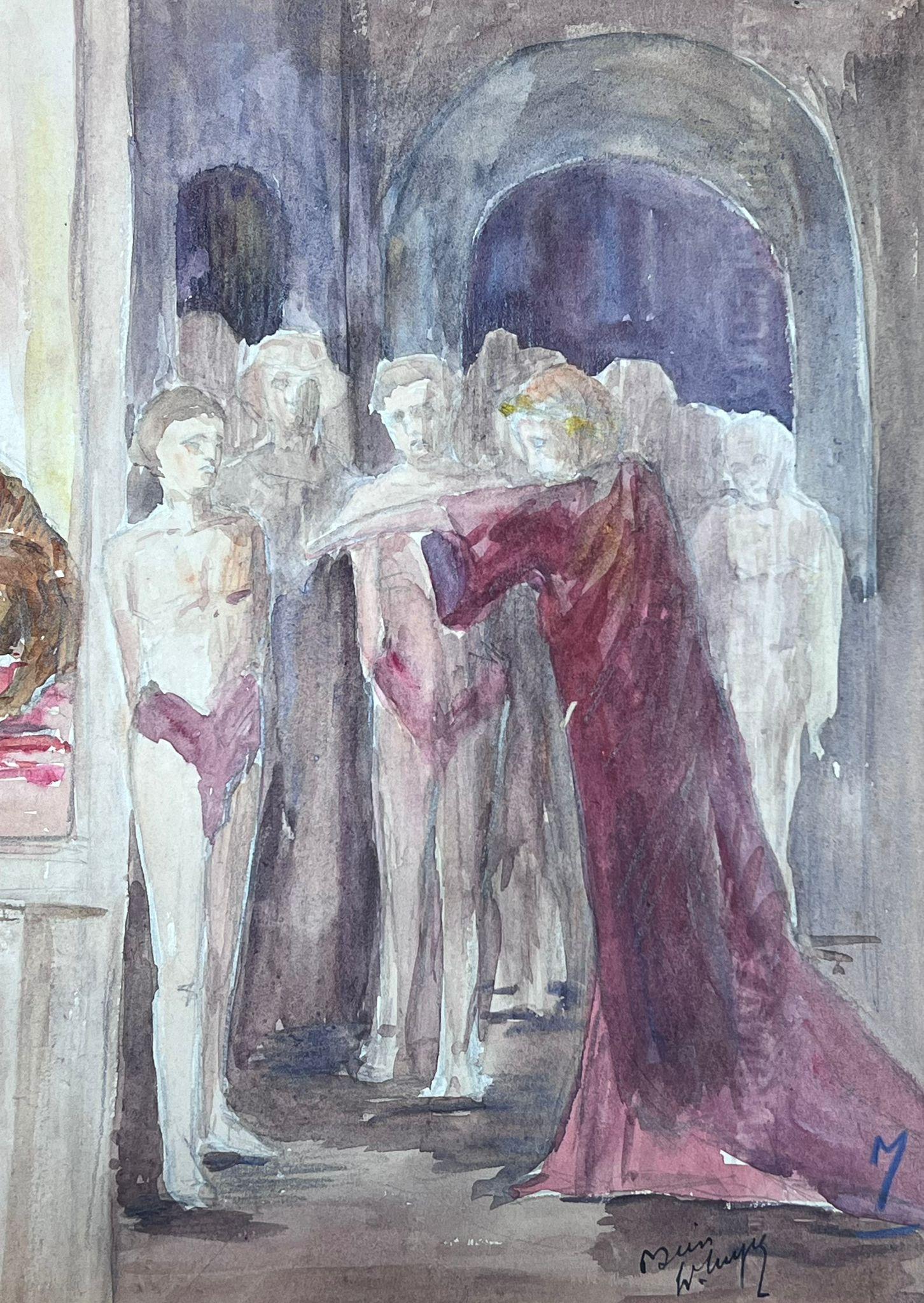 Figures
by Louise Alix (French, 1888-1980) *see notes below
provenance stamp to the back 
watercolour painting on artist paper, unframed
measures: 10 high by 9.25 inches wide
condition: overall very good and sound, a few scuffs and marks to the