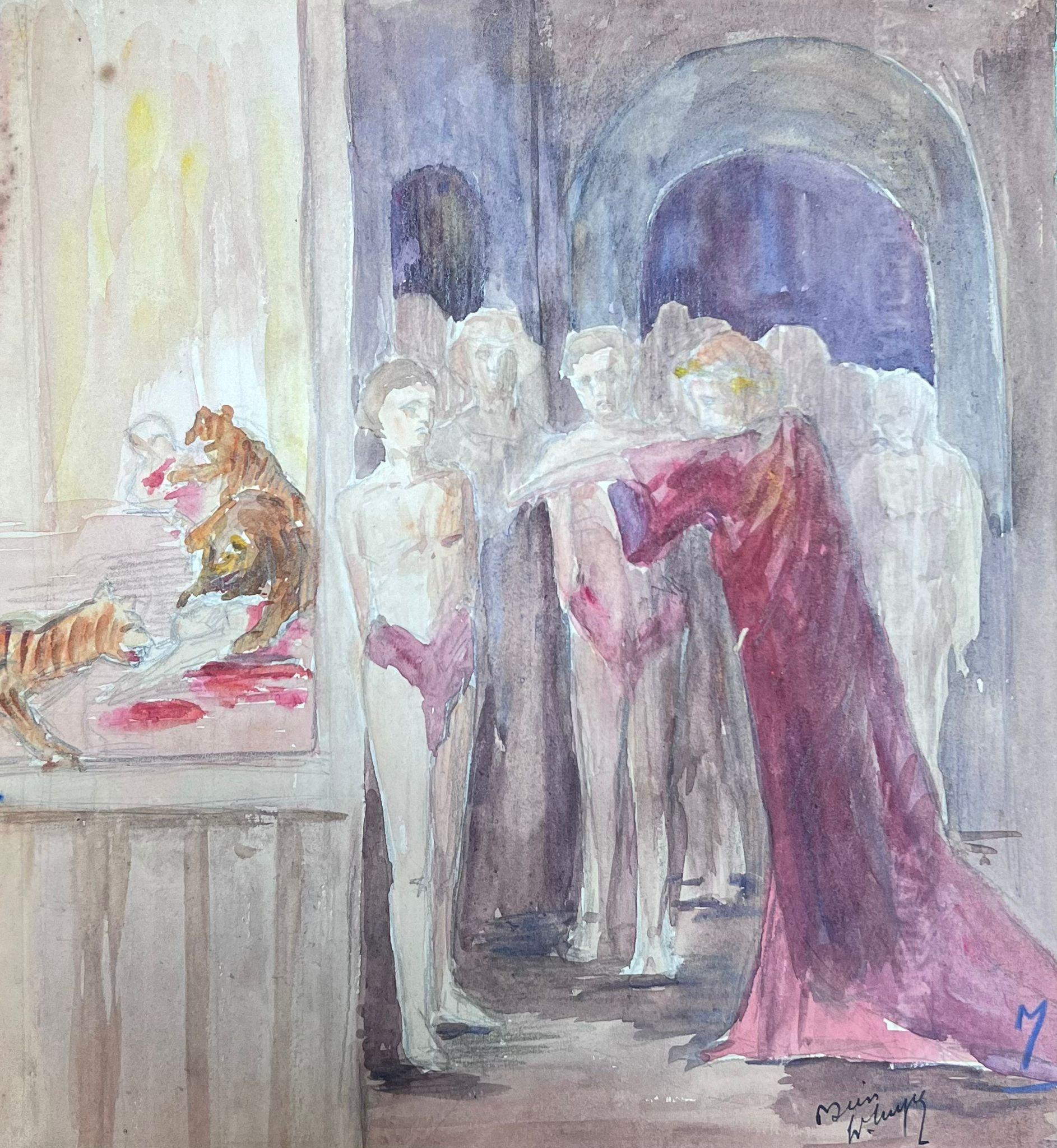 Louise Alix Figurative Painting - 1930's French Impressionist Punished Figures In Line For The Tigers