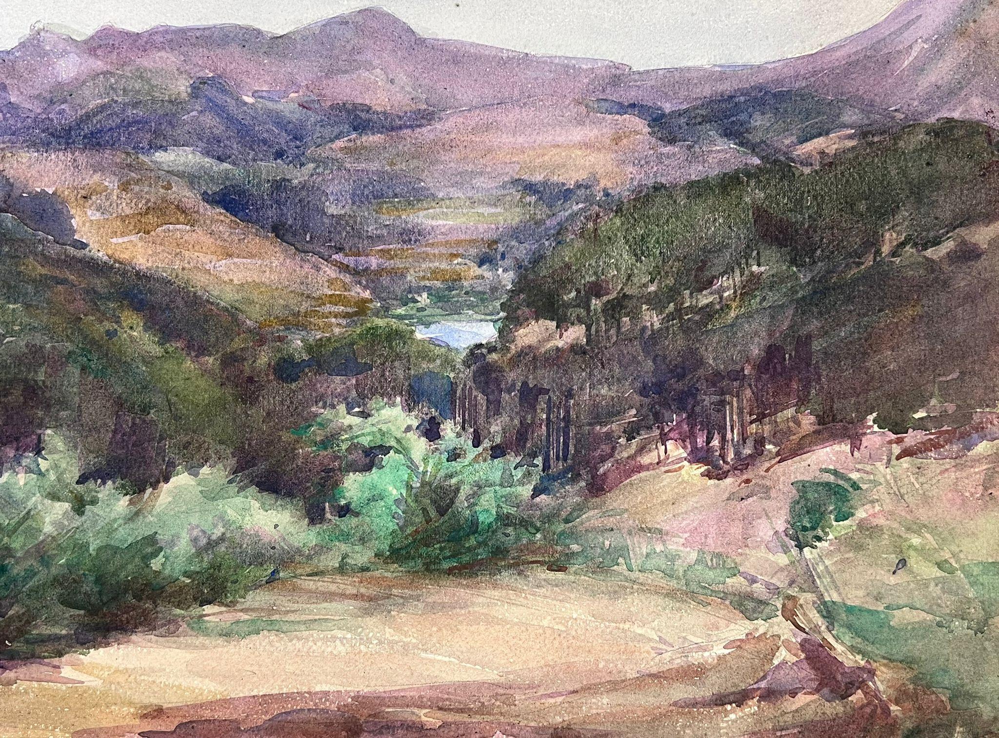 1930's French Impressionist Purple Mountain Watercolour Landscape - Painting by Louise Alix