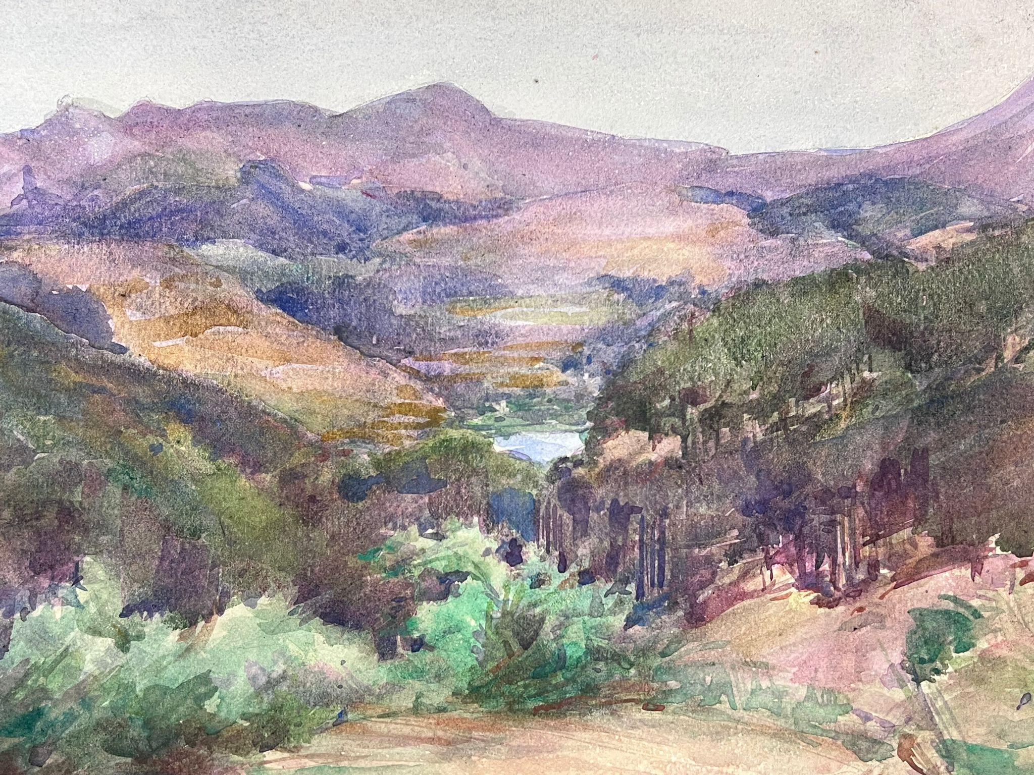 1930's French Impressionist Purple Mountain Watercolour Landscape For Sale 1