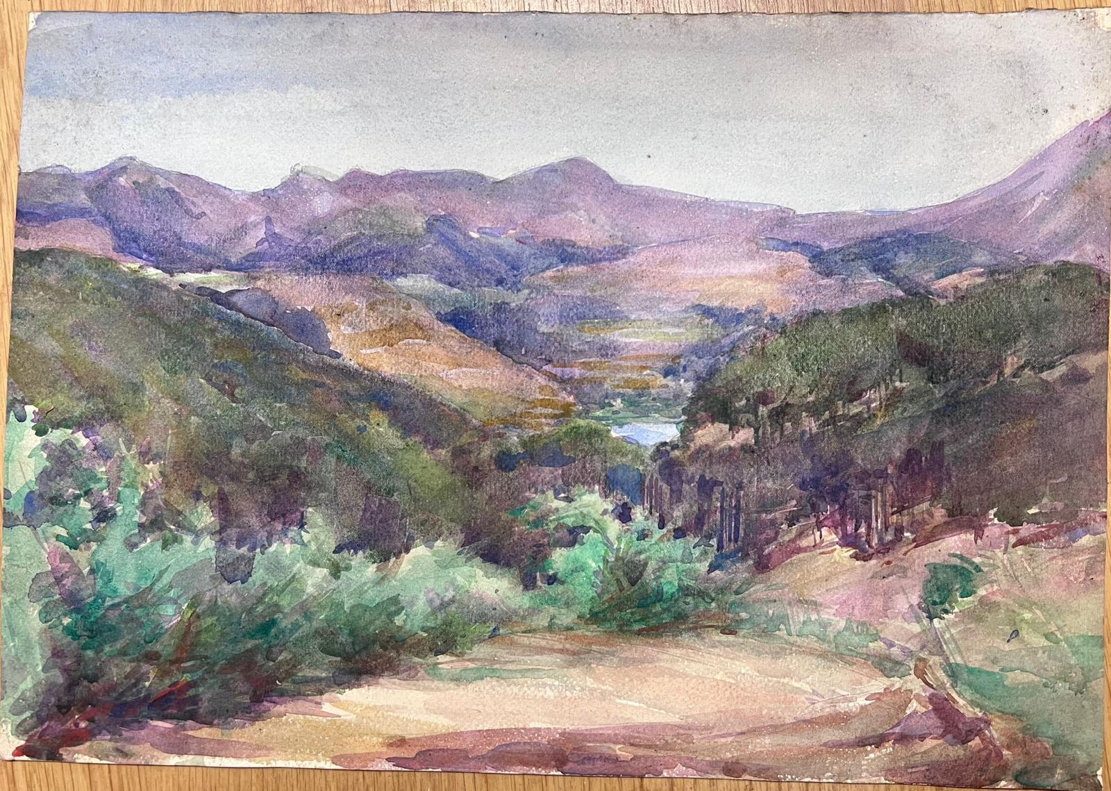 1930's French Impressionist Purple Mountain Watercolour Landscape For Sale 2
